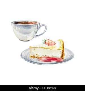 Käsekuchen mit Erdbeeren auf einer Untertasse, Tasse Kaffee, Aquarell. Vektor-Illustration für Café, Bäckerei, Süßwaren Menü Design, Banner, Poster Stock Vektor