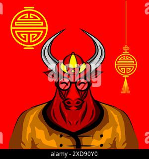 Wildochsen Büffel Kuhbullen chinesisches Sternzeichen Logo Maskottchen auf dem Mondneujahr. Stock Vektor