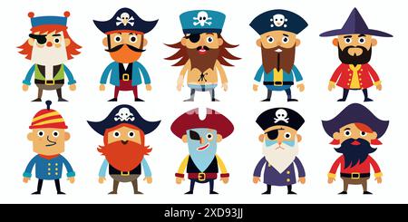 Bunte Karikaturpiraten auf weißem Hintergrund. Piratenfiguren, Seefahrer-Abenteurer, humorvoller Stil, lustige Illustration für Kinder. Stock Vektor