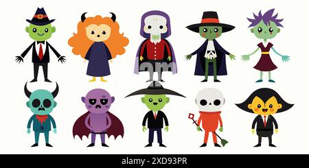 Zeichentrickfiguren in Halloween-Kostümen isoliert auf weißem Hintergrund. Konzept der festlichen Illustration, Halloween, gruselige Kostüme, süße Cha Stock Vektor