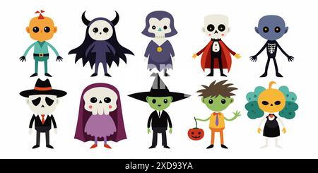 Niedliche Halloween-Figuren in einer bunten Illustration auf weißem Hintergrund. Urlaubskonzept, gruselig, Cartoon-Stil, Fantasy-Kreaturen. Drucken, Desig Stock Vektor