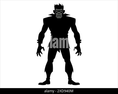 Schwarze Silhouette des Frankenstein-Monsters auf weißem Hintergrund. Halloween-Konzept, Horrorfigur, Comic-Stil, gruselige Kreatur. Drucken, Stock Vektor