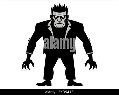Schwarze Silhouette des Frankenstein-Monsters auf weißem Hintergrund. Halloween-Konzept, Horrorfigur, Comic-Stil, gruselige Kreatur. Drucken, Stock Vektor