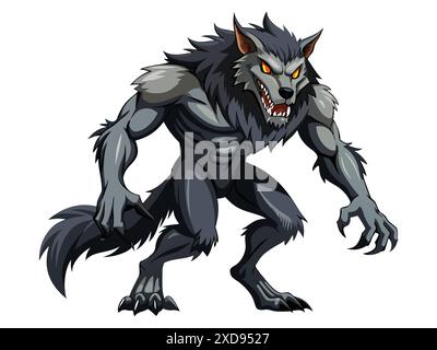 Comic Werwolf isoliert auf weißem Hintergrund. Konzept von Halloween Charakter, mythische Kreatur, Monster, Horror, Fantasy, Alptraum. Drucken, Design Stock Vektor