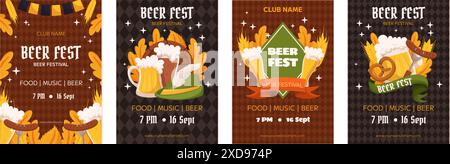 Vorlage zur Sammlung von Einladungen zum Bierfestival. Design mit Glas Bier, Weizen und Blättern, Bannerband und anderen festlichen Objekten auf dunklem Rhom Stock Vektor