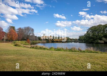 Centennial Park in Randwick Sydney, Wintertag mit herbstlichen Farben auf den Bäumen, Sydneys Grün und Stadtpark mit Wassersee, NSW, Australien, 2024 Stockfoto