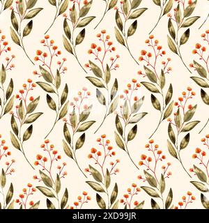 Nahtloses Blumenmuster mit Blättern, Zweigen und Blüten. Aquarellmuster. Grüne Blumen und orange, rote kleine Blumen. Stockfoto