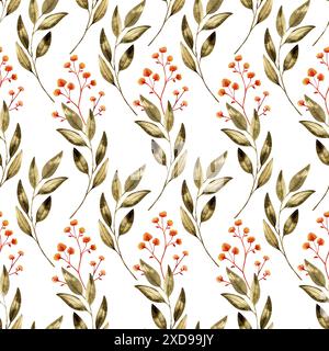 Nahtloses Blumenmuster mit Blättern, Zweigen und Blüten. Aquarellmuster. Grüne Blumen und orange, rote kleine Blumen. Stockfoto