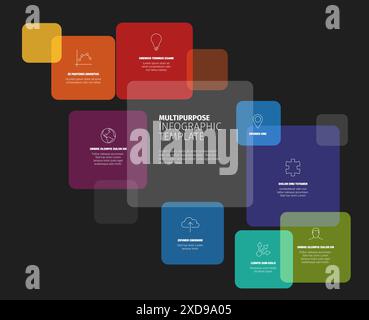 Dunkle Infografikvorlage mit Symbolen und Beispieltexten in bunten abgerundeten quadratischen Elementen. Einfache Infografik für verschiedene Zwecke Stock Vektor