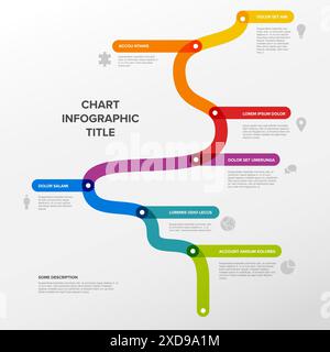 Einfache Zeitachsenvorlage für Diagramme aus dicken Liniensegmenten in Regenbogenfarben. Mehrzweck-Infochart-Vorlage, in der die wichtigsten Meilensteine oder wichtigen Hirsche angezeigt werden Stock Vektor