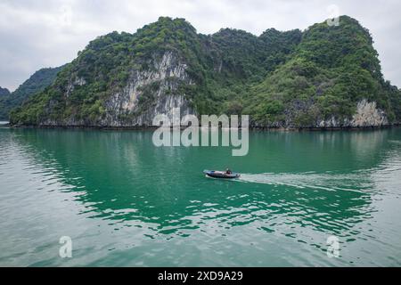 Halong Bay, Vietnam - 30. Januar 2024: Kalksteinkarste der Ha Long Bay, Südchinesisches Meer Stockfoto