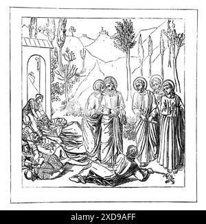 Holzgravierung des „Judas-Kusses“ im Garten des Neuen Testaments (Mark) des Markusevangeliums aus dem antiken 19. Jahrhundert Dr. Kitto Illustrated Fam Stockfoto