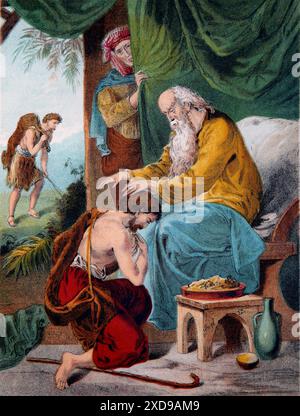 Isaac Segen Jacob - Rebekah und Jakobs Täuschung von Isaac Genesis Altes Testament aus Browns selbstinterpretierender Familienbibel des 19. Jahrhunderts Stockfoto