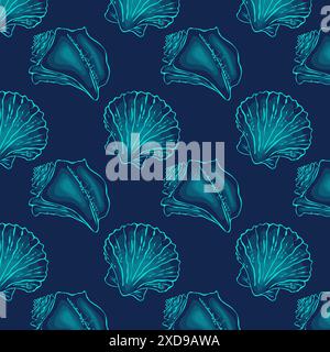 Marinemuster in Dunkelblau. Ozean und Meer Design Hintergrund mit handgezeichneten Muscheln. Vektorabbildung Stock Vektor