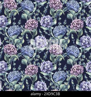 Hortensienblüten blauer, lila und rosafarbener Blüten mit Eukalyptusästen auf dunklem Hintergrund. Aquarelldarstellung. Nahtloses Muster vom Stockfoto