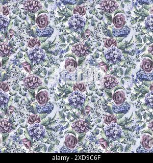 Hortensienblüten, Rosen mit Blättern, Eukalyptusäste und dekorative Beeren auf dem Hintergrund von Aquarellwaschungen. Illustration, nahtlos Stockfoto
