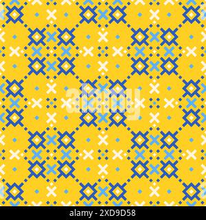 Blaues, gelbes, weißes Pixel-Kunstmuster mit traditionellem ukrainischem Stickverzierung, nahtlose Hintergrundvektorillustration. Minimalistisch geometrisch PR Stock Vektor