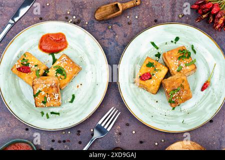 Gerösteter Sojakäse-Tofu auf dem Teller. Draufsicht, flach. Stockfoto