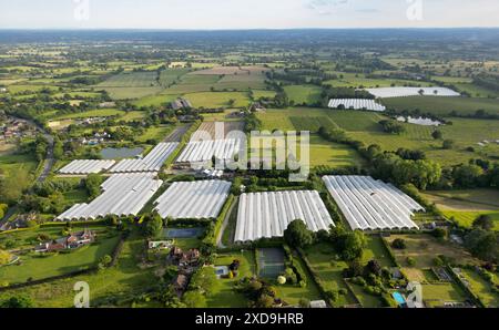 Blick von hoher Drohne auf Ackerland und Kunststofftunnel über den Weald of Kent, Blick nach Süden von oberhalb des Dorfes Chart Sutton in der Nähe von Maidstone, Kent, Großbritannien Stockfoto