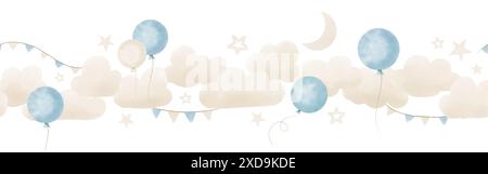 Babyrand mit Wolken und Ballons in Pastellblau und Beige. Nahtloses Muster für Wandbilder im Kinderzimmer oder kindliche Grußkarten oder Weihnachtseinladungen. Rahmen mit Sternen und Girlanden. Stockfoto