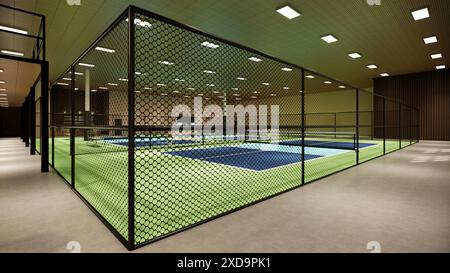 3D-Rendering-Illustration eines Hallenplatzes mit blauen und grünen Farben in einem Sportkomplex Stockfoto