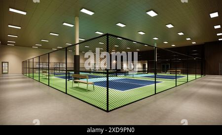 3D-Rendering eines Hallenplatzes mit blauem und grünem Thema in einer Sportanlage Stockfoto