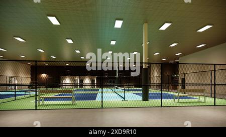 3D-Rendering eines Hallenplatzes mit blauen und grünen Farben für einen Sportkomplex Stockfoto