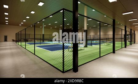 3D-Rendering eines Hallenplatzes mit blauen und grünen Farben in einem Sportzentrum Stockfoto