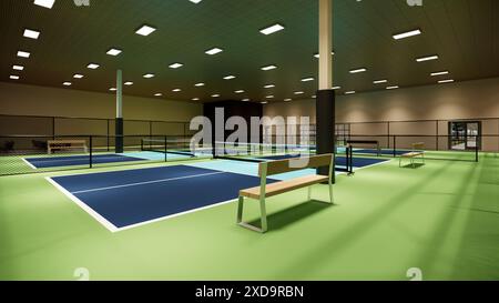 3D-Rendering-Illustration eines Hallenplatzes mit blauen und grünen Farben für einen Sportkomplex Stockfoto