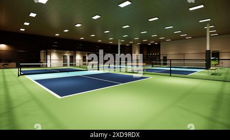3D-Rendering eines Hallenplatzes mit blauen und grünen Farben, die in einem Sportkomplex präsentiert werden Stockfoto