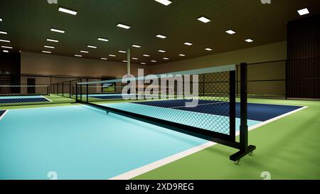 3D-Illustration eines Indoor-Pickleball-Platzes mit blauen und grünen Farben in einem Sportkomplex Stockfoto