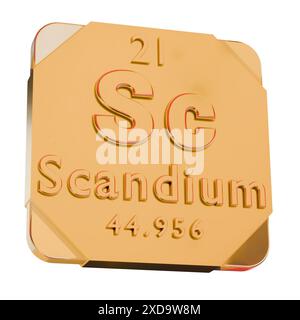 Goldenes 3D-Symbol – Scandium (SC)-Element aus Periodensystem Stockfoto