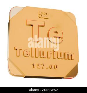 Goldenes 3D-Symbol - Tellurelement (Te) aus Periodensystem Stockfoto