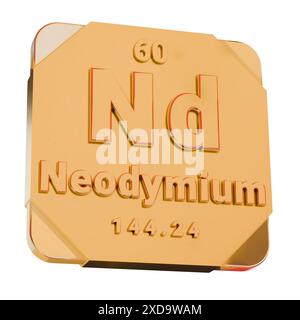 Goldenes 3D-Symbol – Neodym (Nd)-Element aus Periodensystem Stockfoto