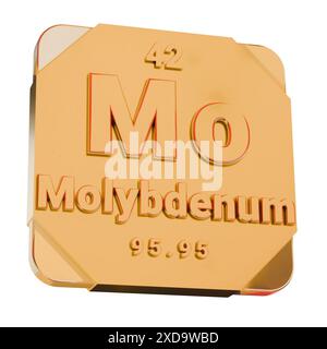 Goldenes 3D-Symbol - Molybdän-(Mo-)Element aus Periodensystem Stockfoto