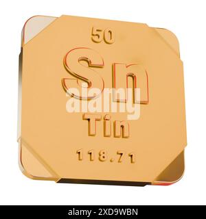 Goldenes 3D-Symbol - Zinnelement (Sn) aus Periodensystem Stockfoto