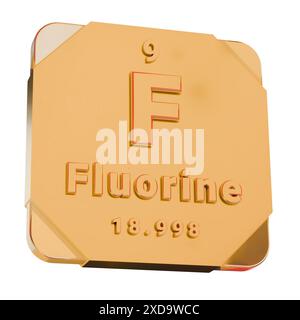 Goldenes 3D-Symbol – Fluorelement (F) aus Periodensystem Stockfoto