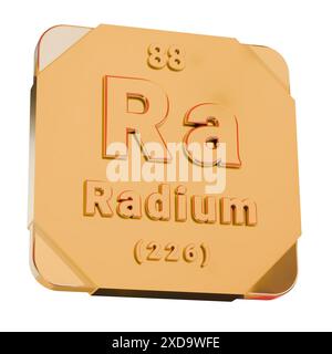 Goldenes 3D-Symbol - Radium-(Ra-)Element aus Periodensystem Stockfoto