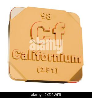 Goldenes 3D-Symbol - Kalifornium (CF)-Element aus Periodensystem Stockfoto