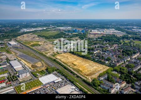 Luftansicht, Gewerbegebiet Westfalenhütte, oberhalb Brückenbaustelle mit neuer Hildastraßenüberführung über Eisenbahngleise nach Nordstadt, l Stockfoto