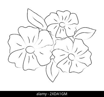 Vektorillustration von minimalistischen Blumen mit Blättern in einem linearen, kindlichen Zeichenstil. Stock Vektor