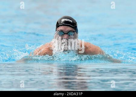 Roma, Italien. Juni 2024. Darragh Greene aus Irland tritt bei den 100-m-Breaststroke Men Heats während des 60. Settecolli Schwimmtreffens im stadio del Nuoto in Rom (Italien) am 21. Juni 2024 an. Quelle: Insidefoto di andrea staccioli/Alamy Live News Stockfoto