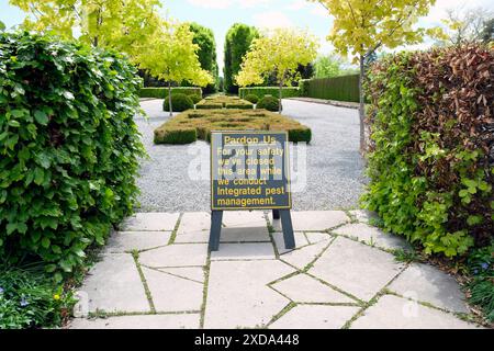 Beschilderung zur integrierten Schädlingsbekämpfung in einem öffentlichen Garten. Buchsbaumfäule und Buchsbaummotte und ihre raupe haben diese Pflanzen dezimiert. Stockfoto