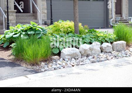 Wartungsarme vordere Gartenanlage mit dekorativem Rüstungsstein und Flussfelsen, ohne Rasen und pflegeleichten Stauden und Ziergräsern. Stockfoto