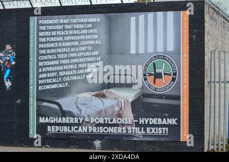 Belfast, Vereinigtes Königreich 21/06/2024 Irisch Republican Prisons’ Welfare Association Wandgemälde auf internationaler Wand neben palästinensischen Solidaritätsgemälden Belfast Nordirland Credit:HeadlineX/Alamy Live News Stockfoto