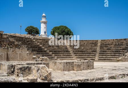 Odeon Theater und Paphos Lighthouse, archäologische Stätte von Nea Paphos, Zypern Stockfoto