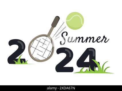 Sommer 2024. Olympische Sommerspiele. Tenniswettbewerbe. Helle Vektorillustration mit Schläger und Ball Stock Vektor