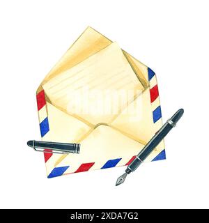 Ein offener Umschlag mit einem Buchstaben und einem Stift zum Schreiben, handgezeichnet in Aquarell. Aquarellabbildung eines Briefes aus handgemalten Stockfoto