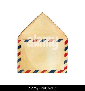 Offener Umschlag mit rotem und blauem Rand, handgemalt mit Aquarell, isoliert auf weißem Hintergrund. Abbildung eines Postbriefes Stockfoto