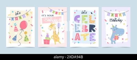 Niedliches Grußkartenset für Kinder. Geburtstagstiere mit Kuchen, Partyhüten und Ballons. Vorlage für Vektorabbildungen Stock Vektor